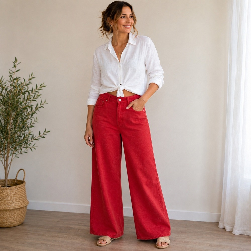 Angel Kiss Womens Red Wide Leg High Rise Cotton Denim Jeans Size 9 NEW